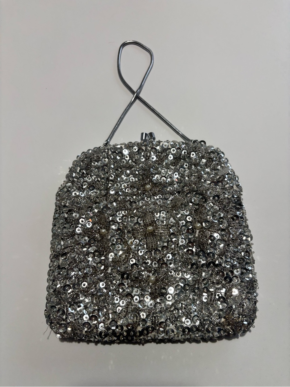 Vintage Safco Silver Beaded Sequin Evening Clutch Purse